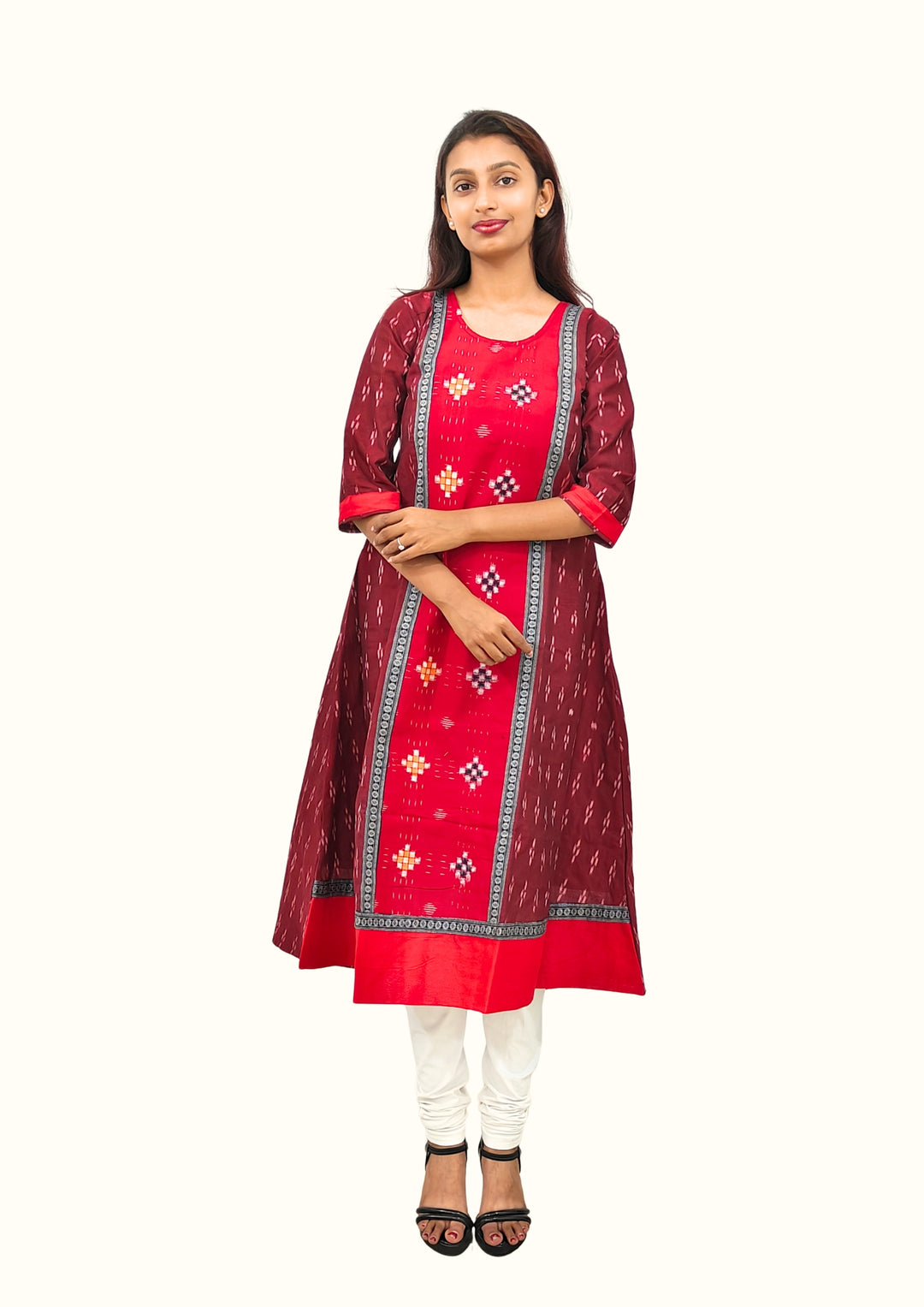 Sambalpuri Women’s Gown– Maroon with Red Ikat Panel and Multicolor Floral Motif