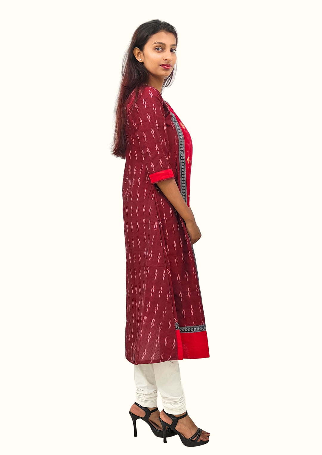 Sambalpuri Women’s Gown– Maroon with Red Ikat Panel and Multicolor Floral Motif