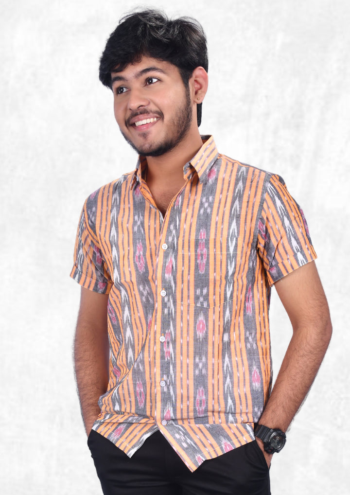 Hand-woven Sambalpuri Men's Cotton Half-sleeve Shirt in Peach