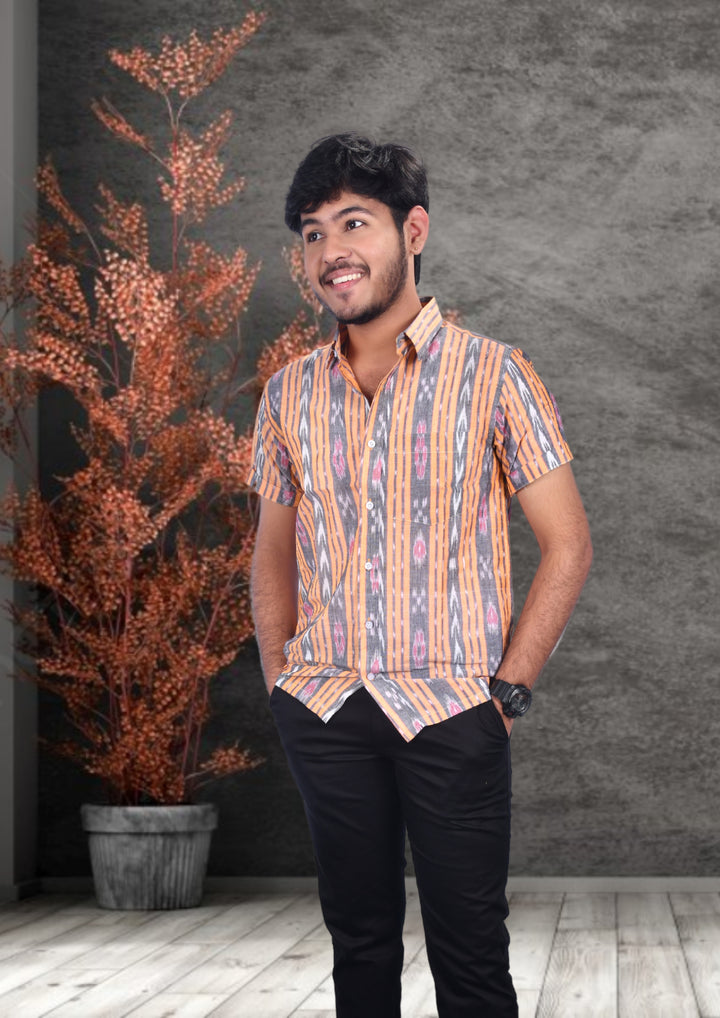 Hand-woven Sambalpuri Men's Cotton Half-sleeve Shirt in Peach