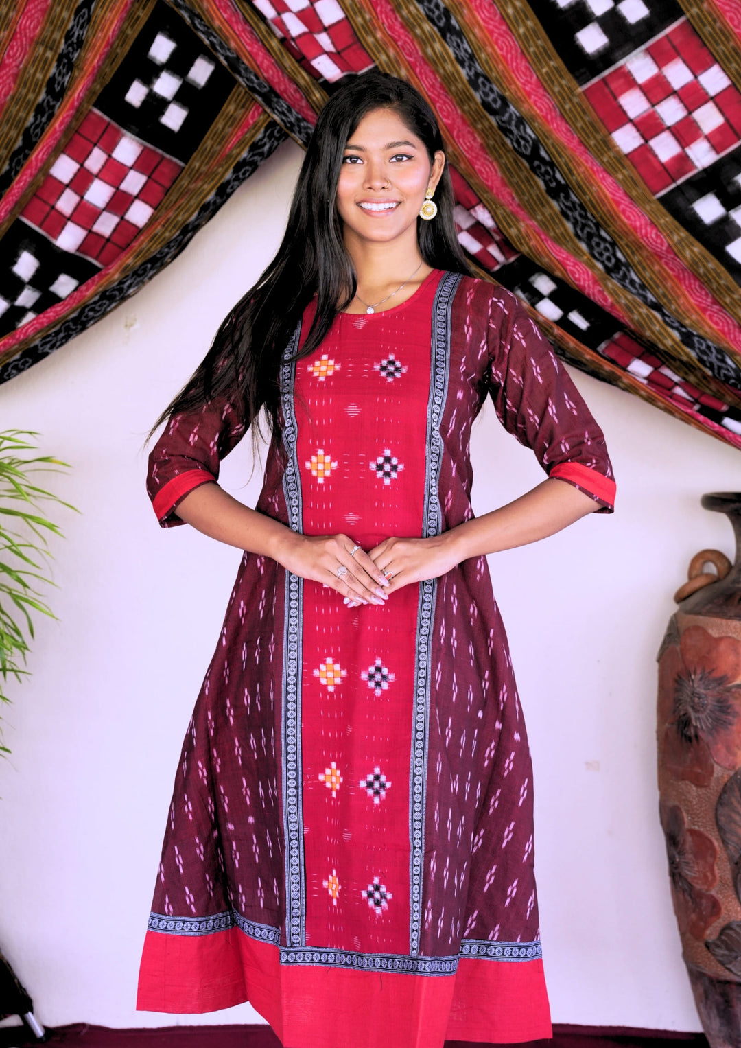 Sambalpuri Women’s Gown– Maroon with Red Ikat Panel and Multicolor Floral Motif