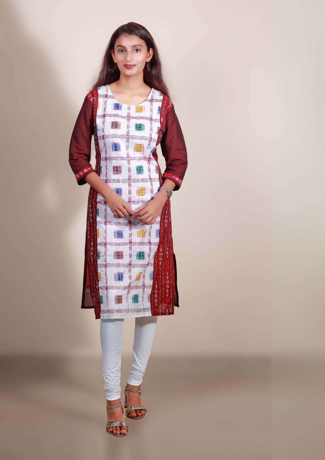 Sambalpuri Pure Cotton Aswini Design Kurta in White & Maroon