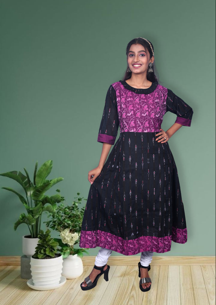 Authentic Sambalpuri Handloom Anarkali with Designer Neck in Black & Purple