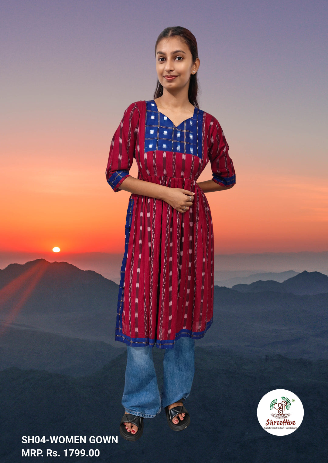 Authentic Sambalpuri Handloom Naira-cut Design Women's Cotton Kurta in Blue & Maroon