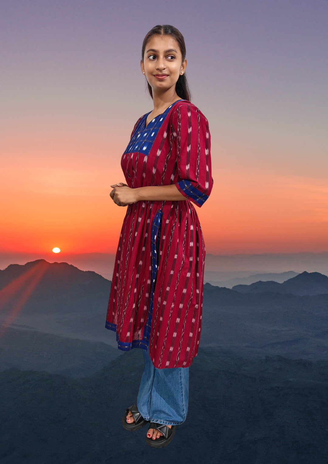 Authentic Sambalpuri Handloom Naira-cut Design Women's Cotton Kurta in Blue & Maroon