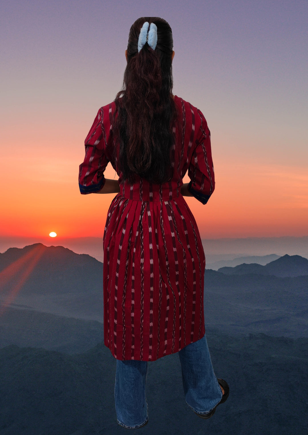 Authentic Sambalpuri Handloom Naira-cut Design Women's Cotton Kurta in Blue & Maroon