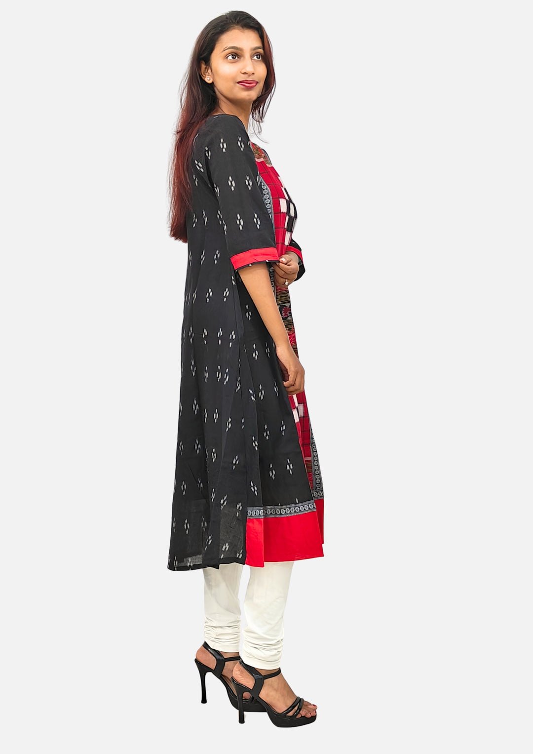 Sambalpuri Women's Gown – Black with Red and White Pasapali Ikat Motif