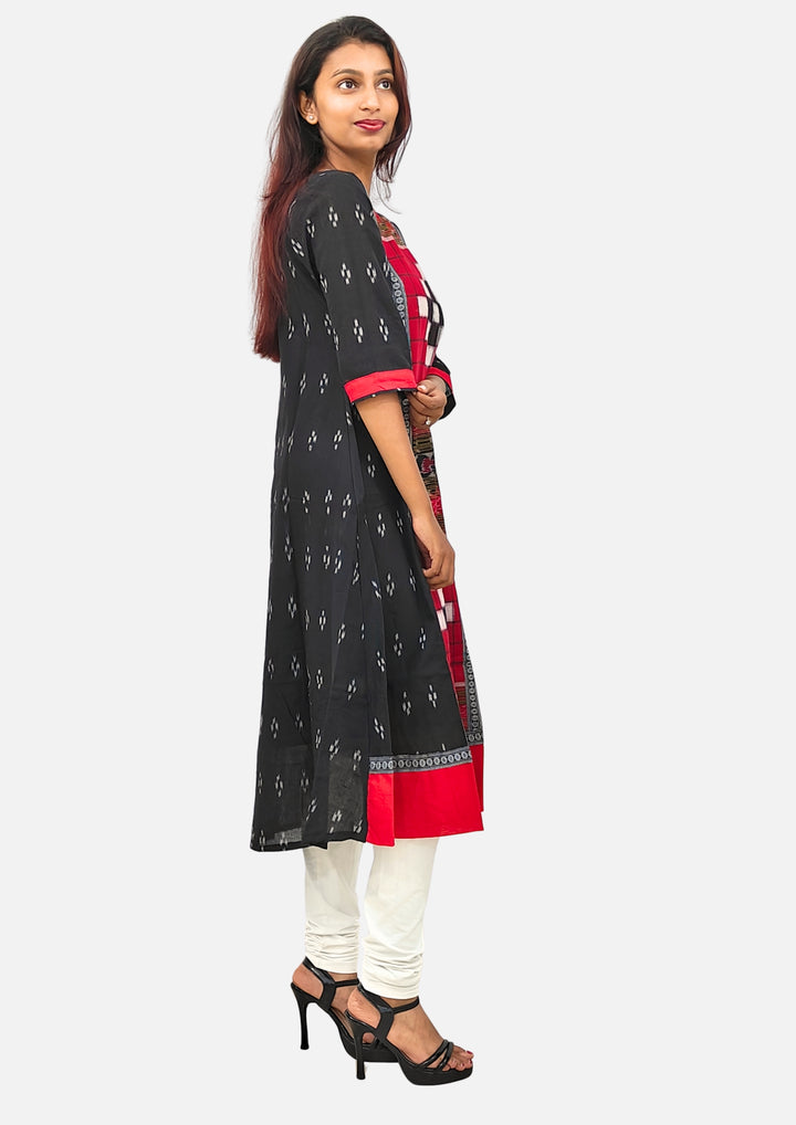 Sambalpuri Women's Gown – Black with Red and White Pasapali Ikat Motif