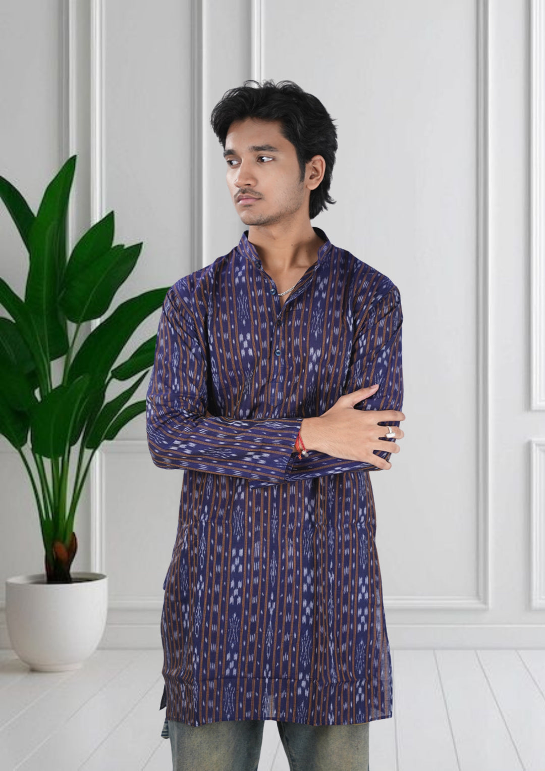 Sambalpuri Men’s Long Kurta – Navy Blue with Brown Ikat Vertical Stripe Motif