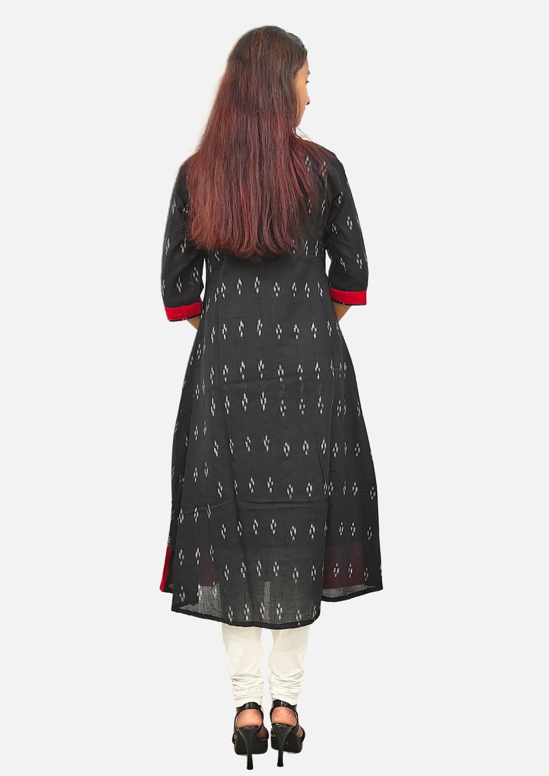 Sambalpuri Women's Gown – Black with Red and White Pasapali Ikat Motif