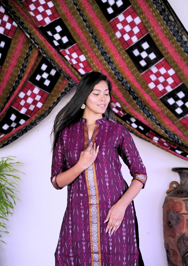 Sambalpuri Women's Kurti – Maroon with Mustard and White Ikat Vertical Stripe Motif