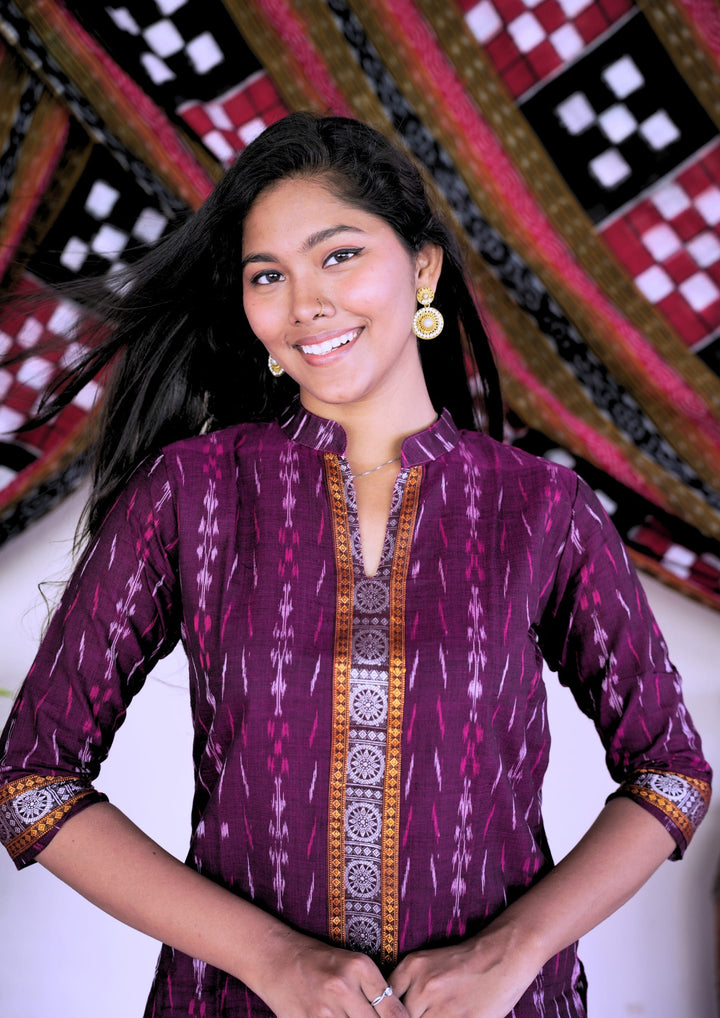 Sambalpuri Women's Kurti – Maroon with Mustard and White Ikat Vertical Stripe Motif