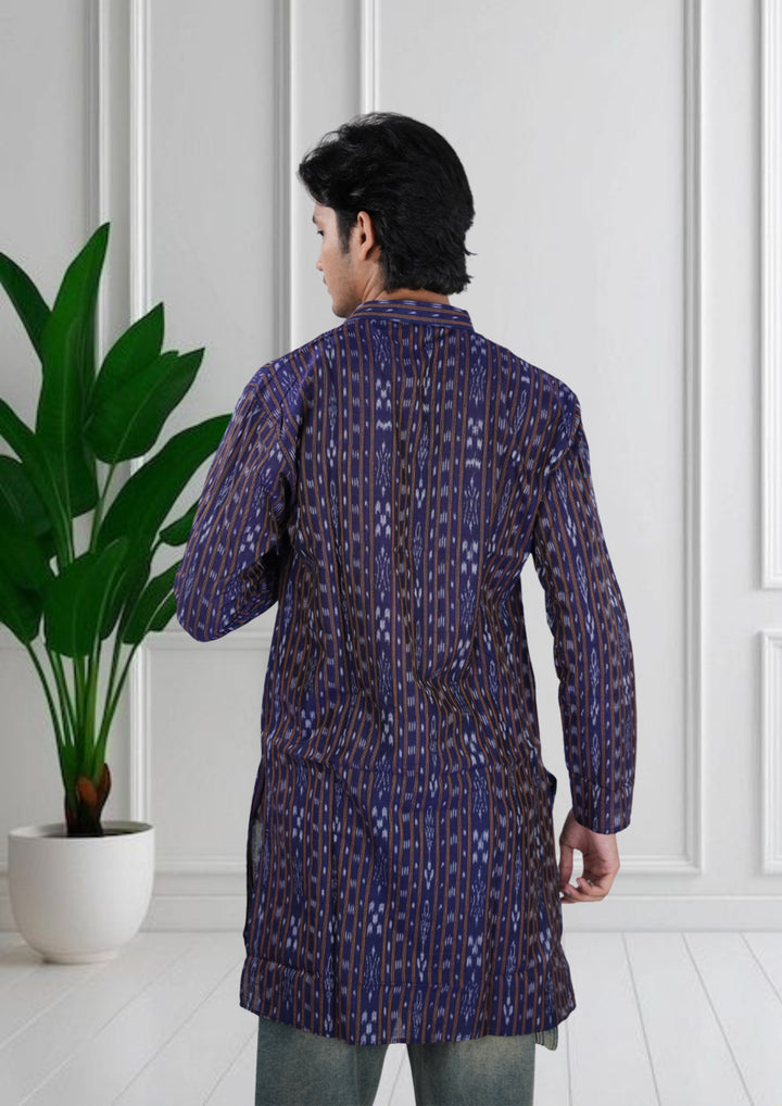 Sambalpuri Men’s Long Kurta – Navy Blue with Brown Ikat Vertical Stripe Motif