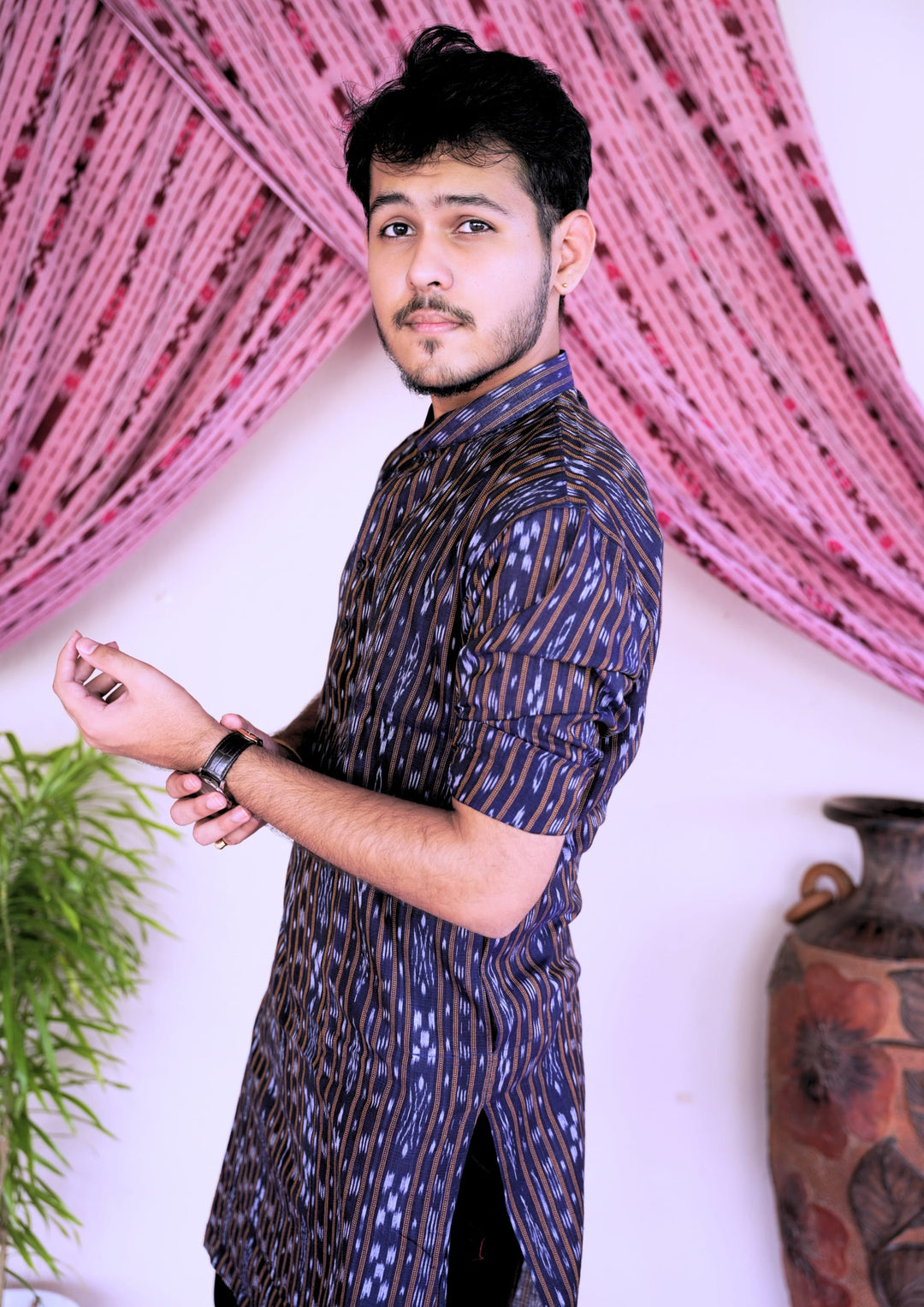 Sambalpuri Men’s Long Kurta – Navy Blue with Brown Ikat Vertical Stripe Motif