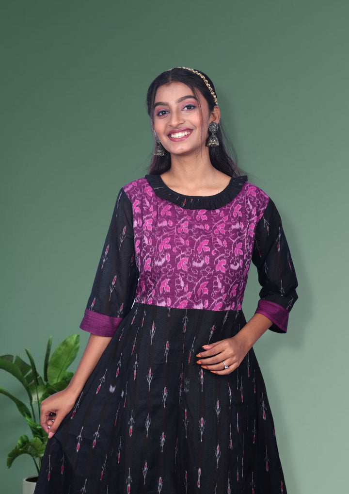 Authentic Sambalpuri Handloom Anarkali with Designer Neck in Black & Purple