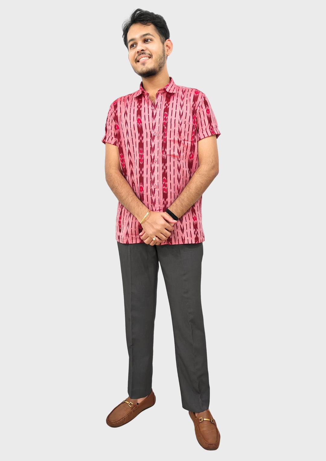 Sambalpuri Men's Shirt – Pink with Maroon Ikat Vertical Stripe Motif