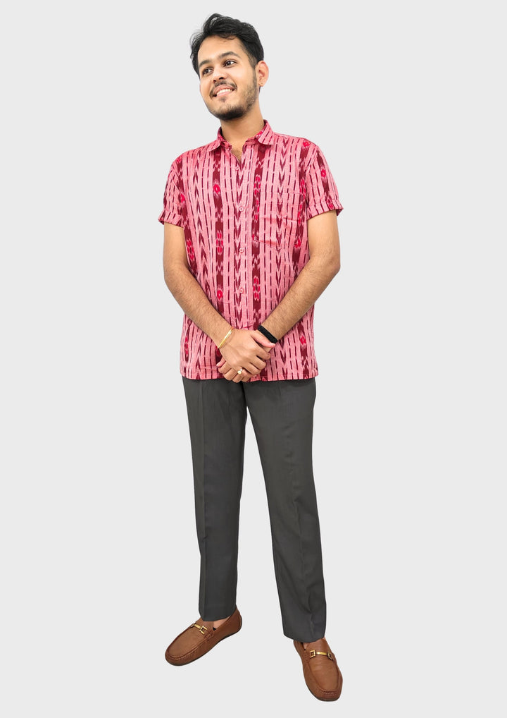 Sambalpuri Men's Shirt – Pink with Maroon Ikat Vertical Stripe Motif