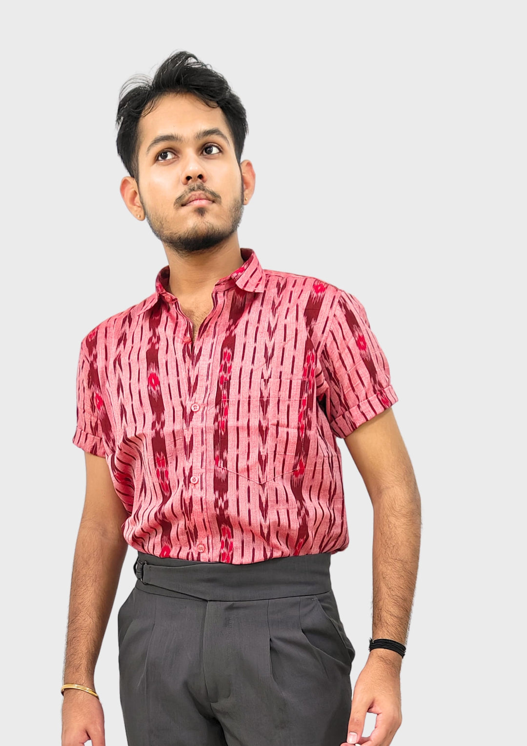 Sambalpuri Men's Shirt – Pink with Maroon Ikat Vertical Stripe Motif