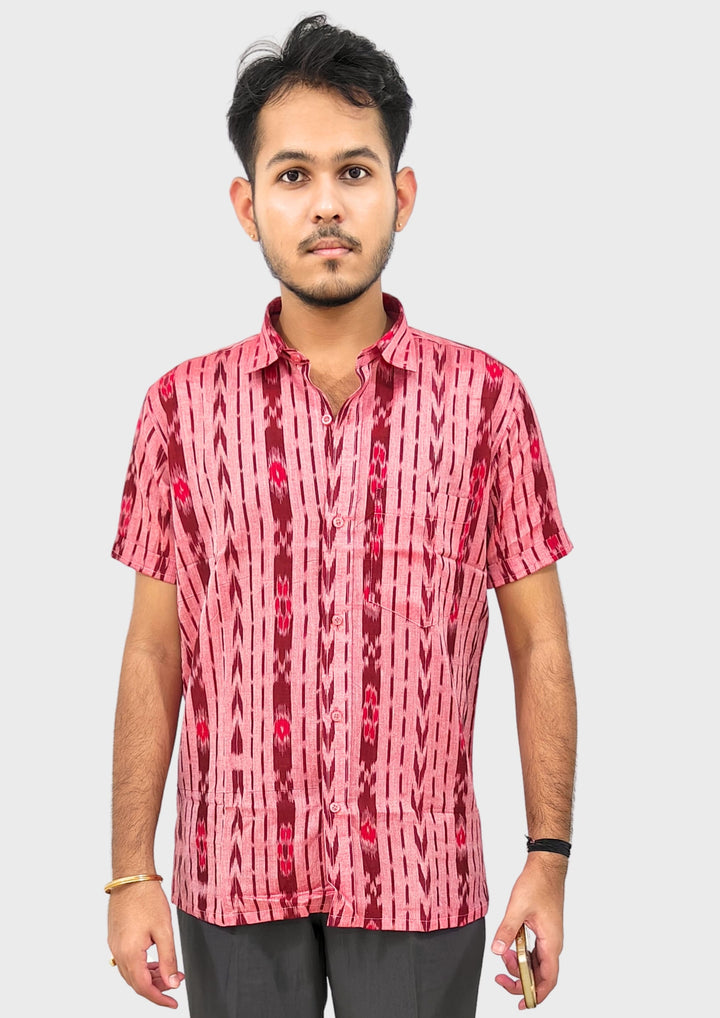 Sambalpuri Men's Shirt – Pink with Maroon Ikat Vertical Stripe Motif