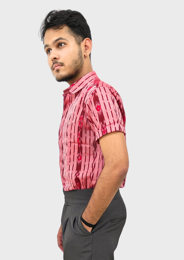 Sambalpuri Men's Shirt – Pink with Maroon Ikat Vertical Stripe Motif