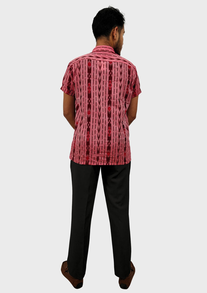 Sambalpuri Men's Shirt – Pink with Maroon Ikat Vertical Stripe Motif