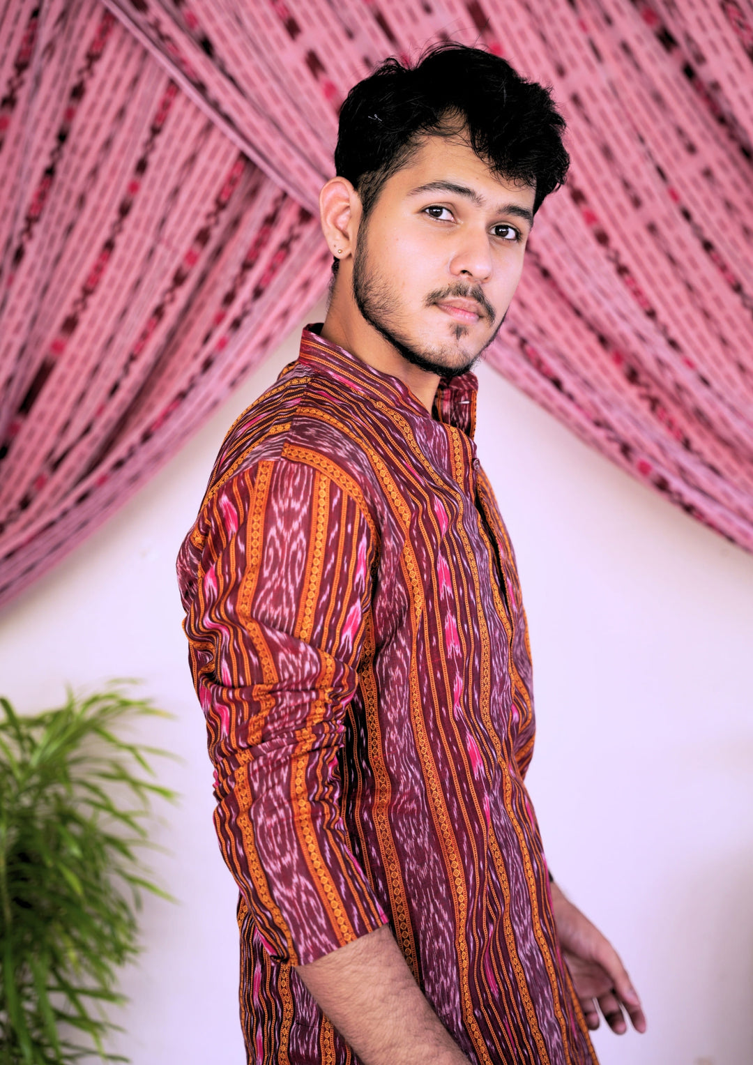 Sambalpuri Men’s Long Kurta – Ikat Stripe Pattern, Maroon-Red Base with Orange & Pink Accents