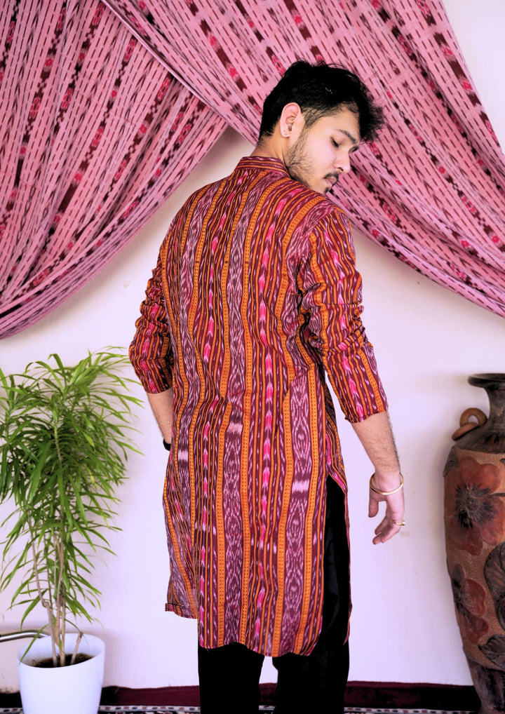 Sambalpuri Men’s Long Kurta – Ikat Stripe Pattern, Maroon-Red Base with Orange & Pink Accents