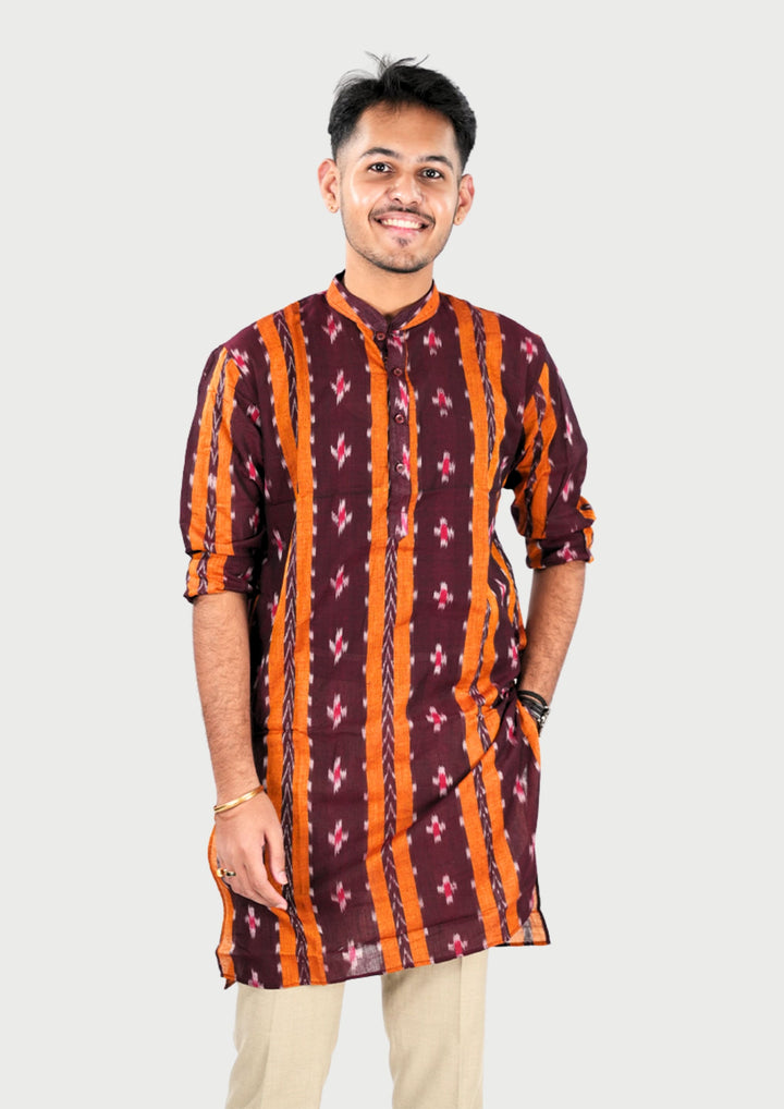 Sambalpuri Men’s Long Kurta – Maroon Base with Mustard Ikat Vertical Stripe Motif