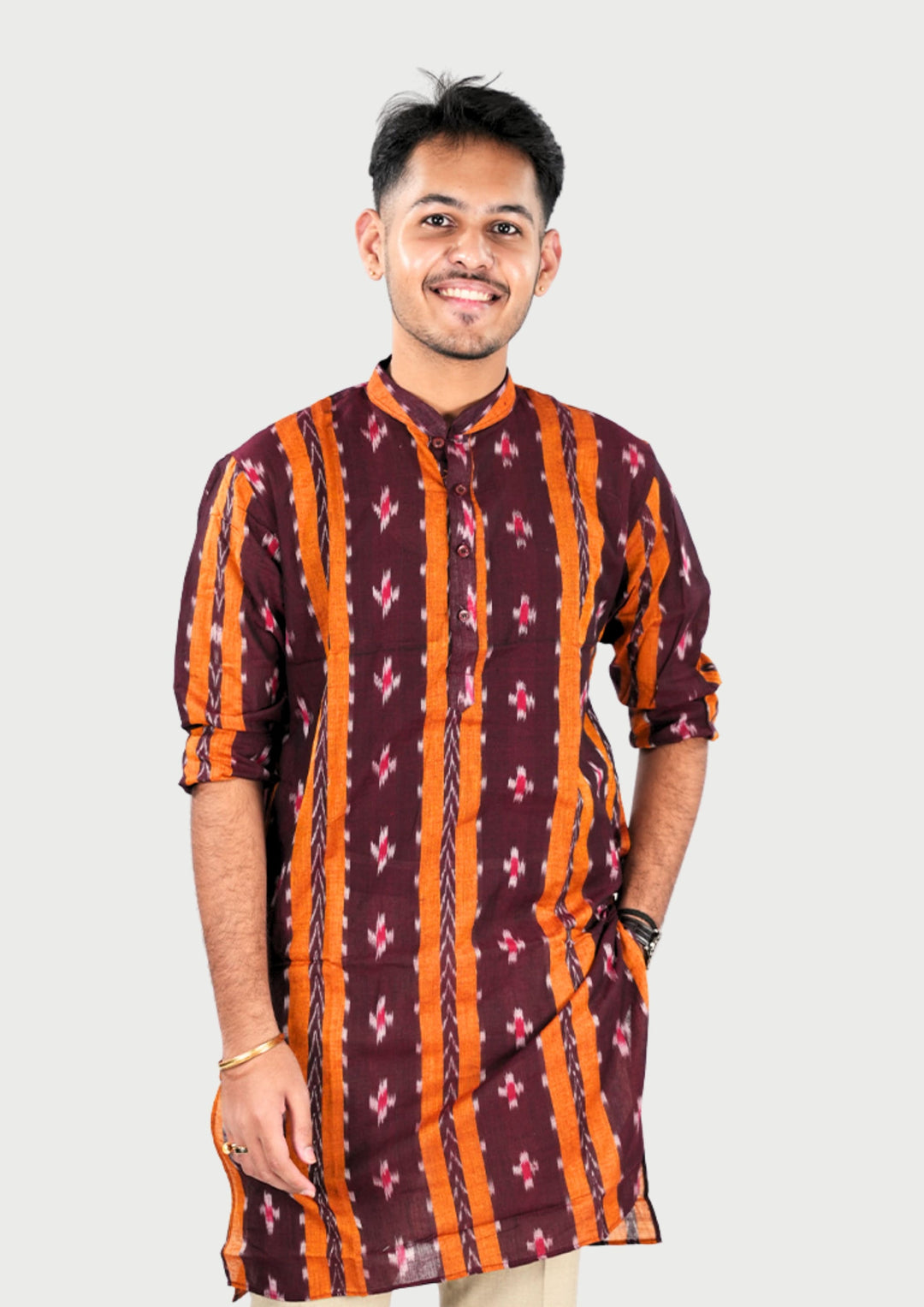 Sambalpuri Men’s Long Kurta – Maroon Base with Mustard Ikat Vertical Stripe Motif