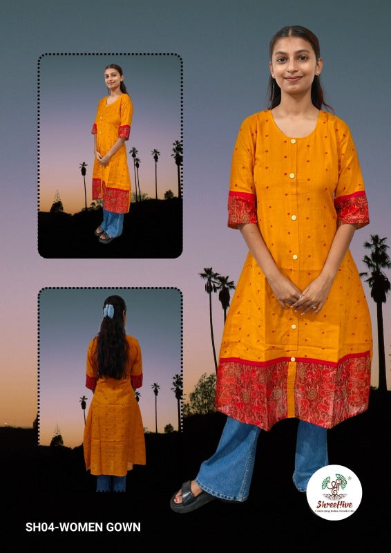 Kanira – Mustard Yellow Sambalpuri Kurti with Red Ikat Accents