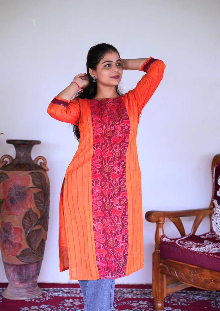 Sambalpuri Women's Kurti - Stripe pattern Cotton Kurta in Orange