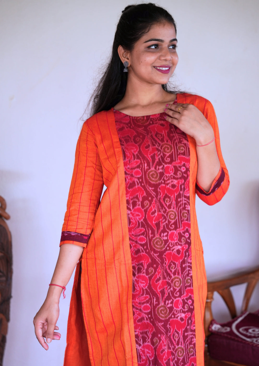 Sambalpuri Women's Kurti - Stripe pattern Cotton Kurta in Orange