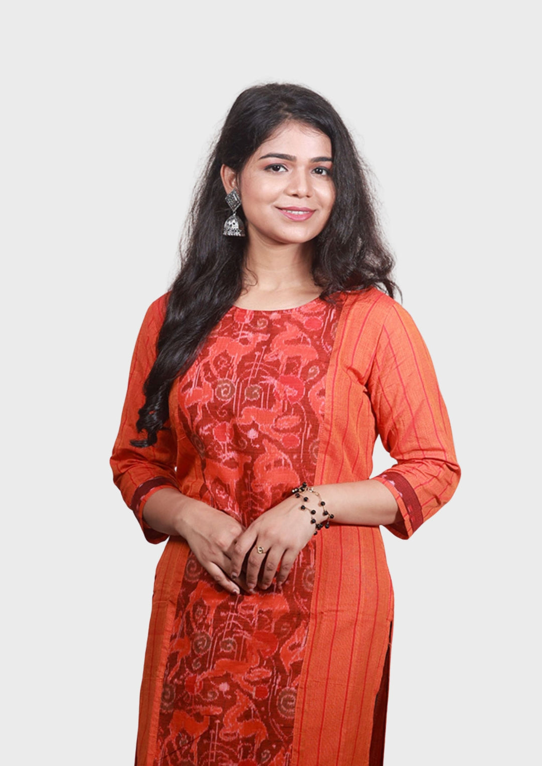 Sambalpuri Women's Kurti - Stripe pattern Cotton Kurta in Orange