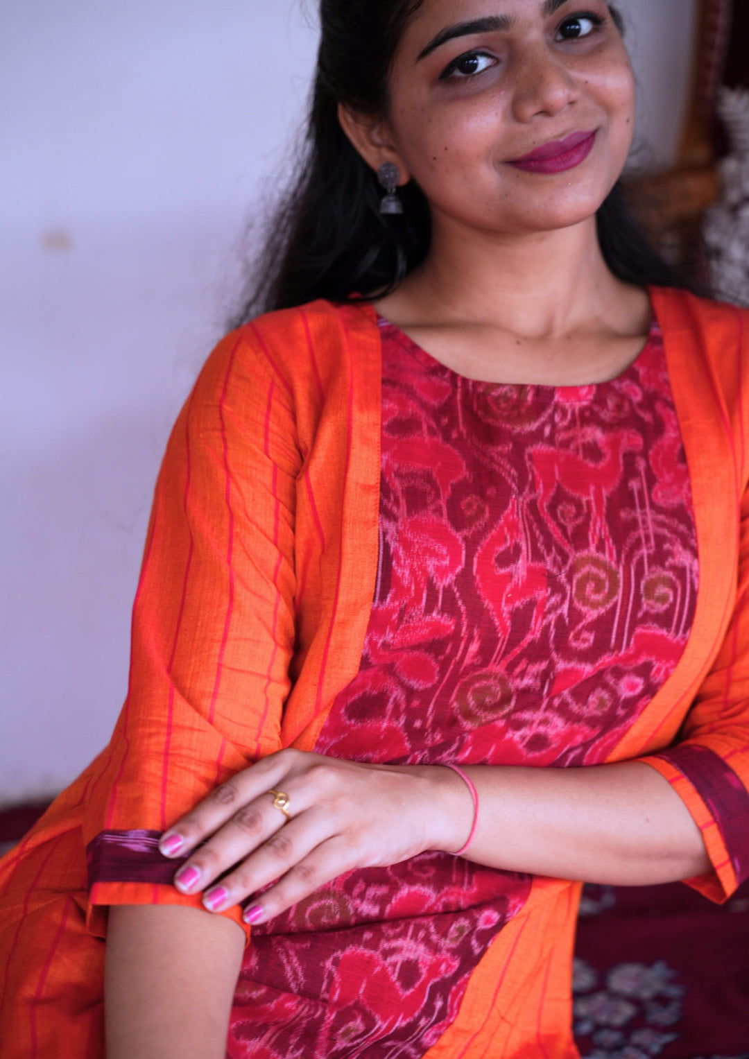 Sambalpuri Women's Kurti - Stripe pattern Cotton Kurta in Orange