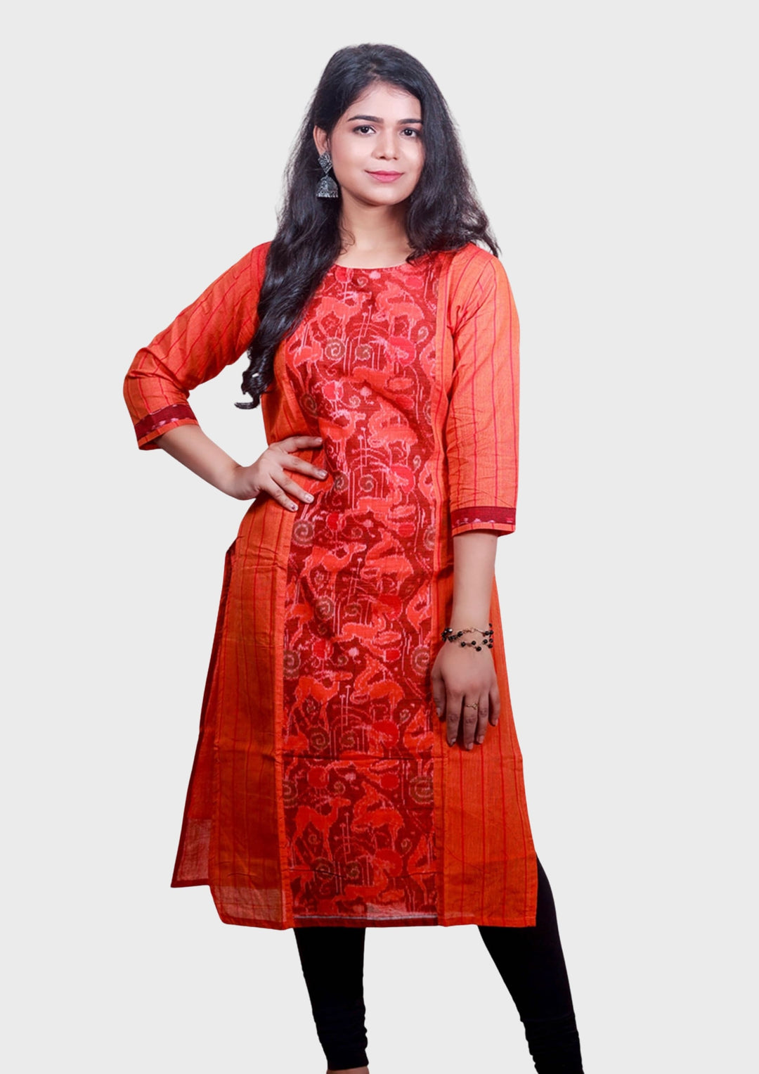 Sambalpuri Women's Kurti - Stripe pattern Cotton Kurta in Orange