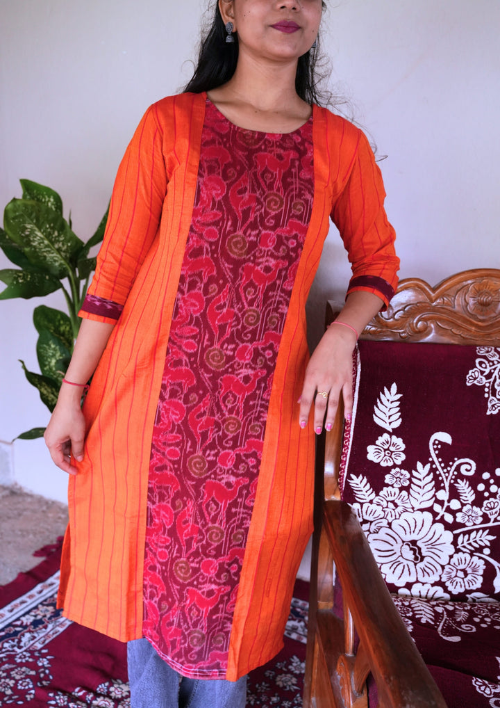 Sambalpuri Women's Kurti - Stripe pattern Cotton Kurta in Orange