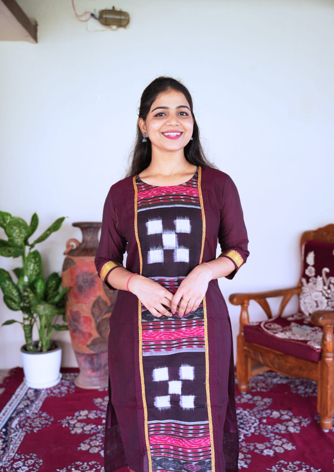 Sambalpuri Women's Kurti - Lace work Cotton Kurta in Dark Coffee