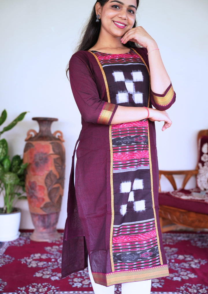 Sambalpuri Women's Kurti - Lace work Cotton Kurta in Dark Coffee