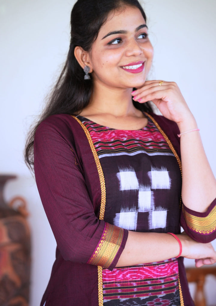 Sambalpuri Women's Kurti - Lace work Cotton Kurta in Dark Coffee