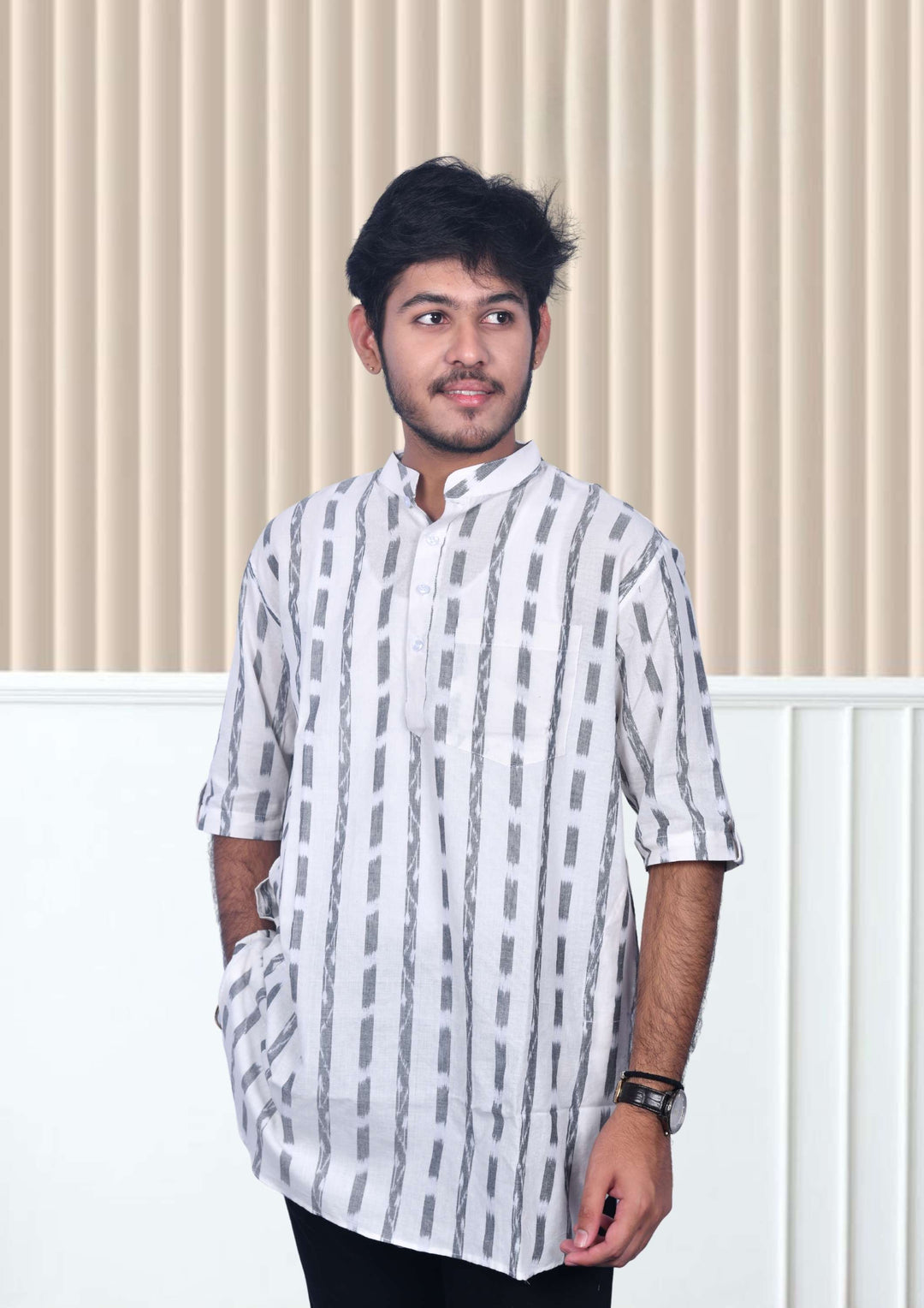 Sambalpuri Handloom Men's Cotton White Stripe Short Kurta
