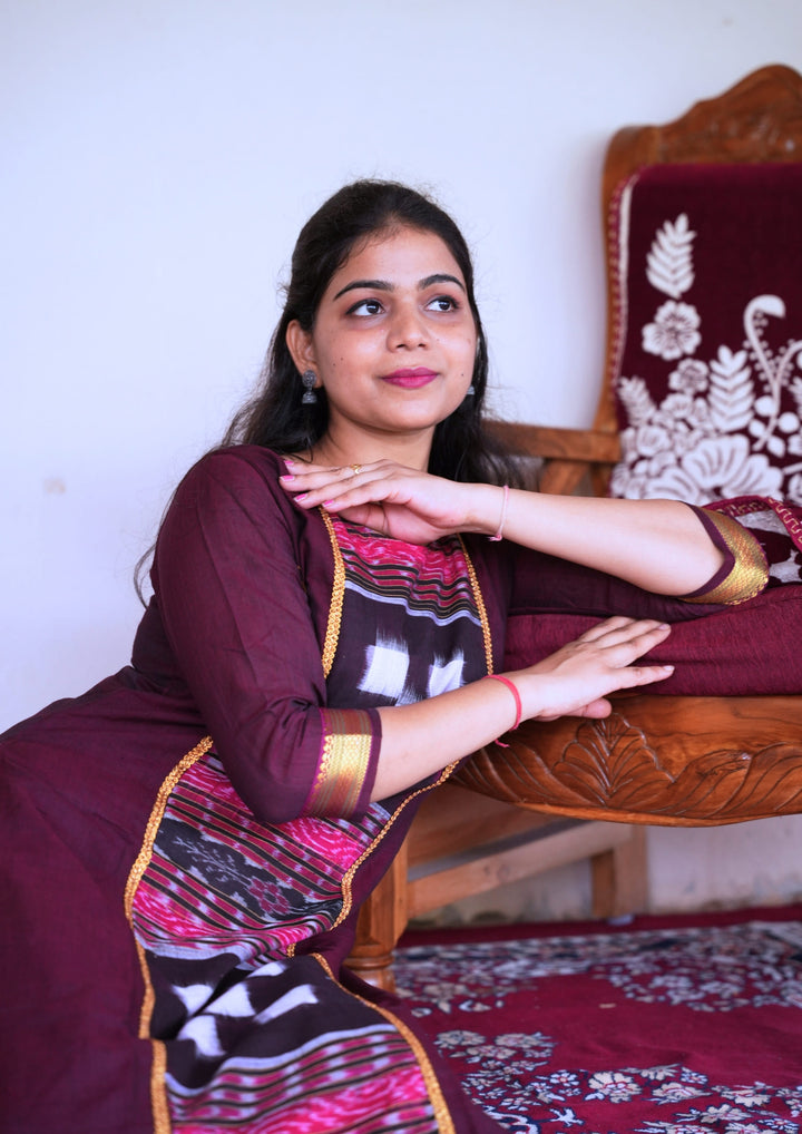 Sambalpuri Women's Kurti - Lace work Cotton Kurta in Dark Coffee