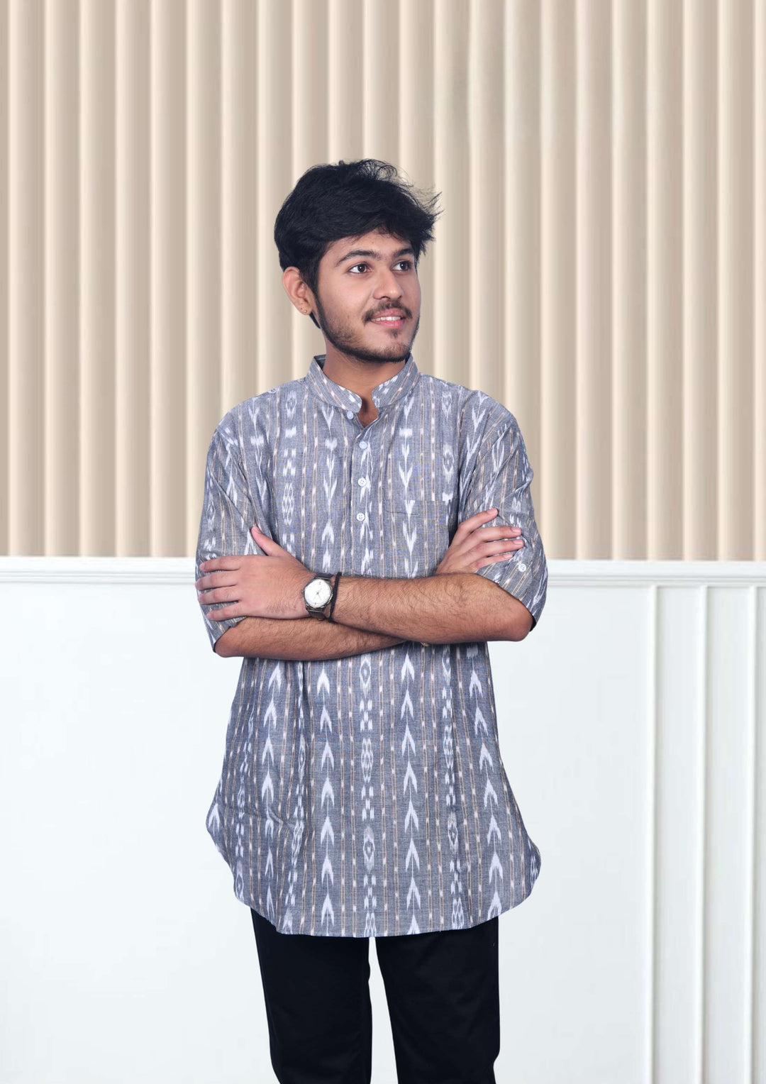 Sambalpuri Handloom Cotton Grey Short Kurta for Men
