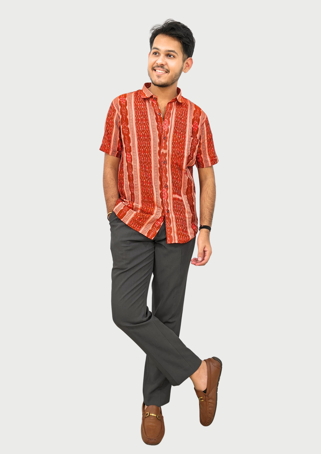Sambalpuri Men’s Shirt – Ikat Vertical Stripe Motif, Rust Orange Base with Red & White Highlights