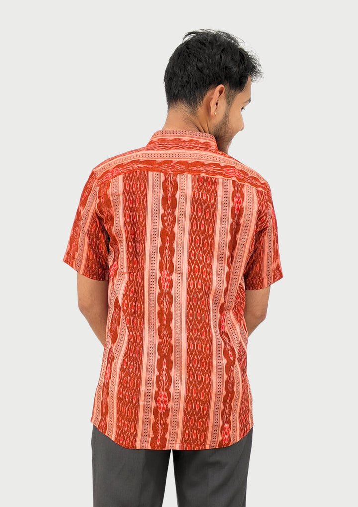 Sambalpuri Men’s Shirt – Ikat Vertical Stripe Motif, Rust Orange Base with Red & White Highlights