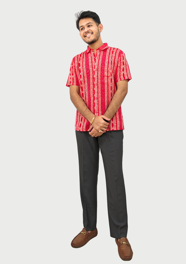 Sambalpuri Men’s Shirt – Ikat Vertical Stripe Pattern, Red Base with Orange & White Highlights (Half Sleeve)