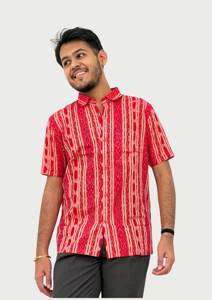Sambalpuri Men’s Shirt – Ikat Vertical Stripe Pattern, Red Base with Orange & White Highlights (Half Sleeve)