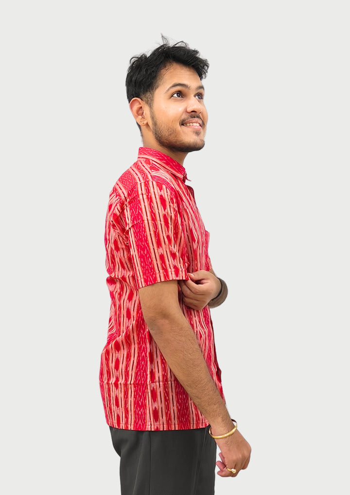 Sambalpuri Men’s Shirt – Ikat Vertical Stripe Pattern, Red Base with Orange & White Highlights (Half Sleeve)
