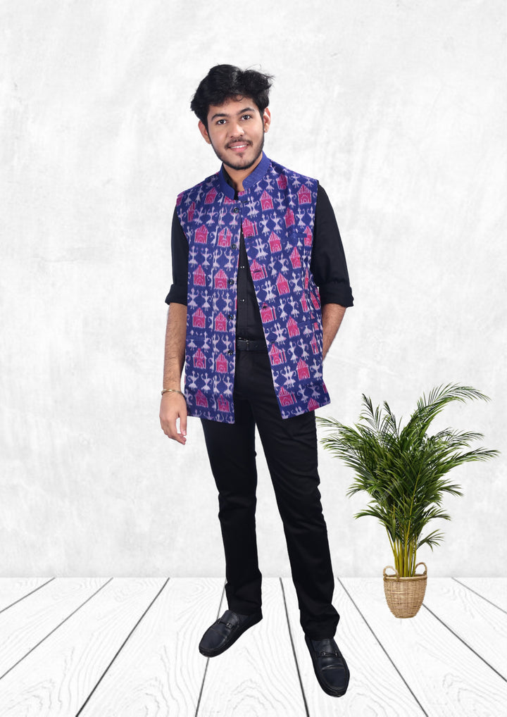Sambalpuri Pure Cotton Men's Half Jacket in Blue