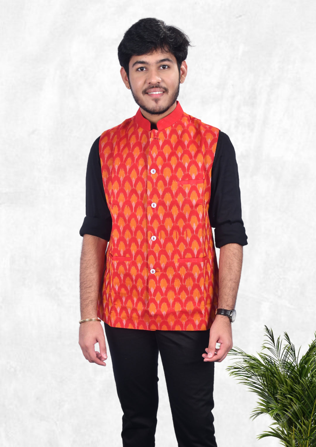 Hand-woven Sambalpuri Pure Cotton Men's Half Jacket in Red