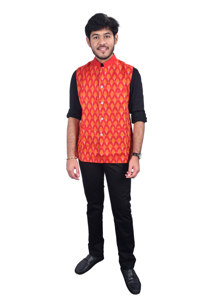 Hand-woven Sambalpuri Pure Cotton Men's Half Jacket in Red